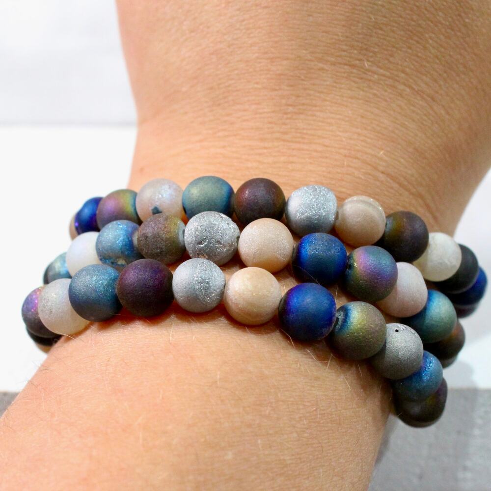 Handmade Mixed Color Druzy Agate Beaded Stretch Elastic Bracelet Set